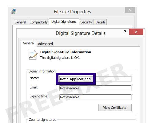 Screenshot of the Ratio Applications certificate